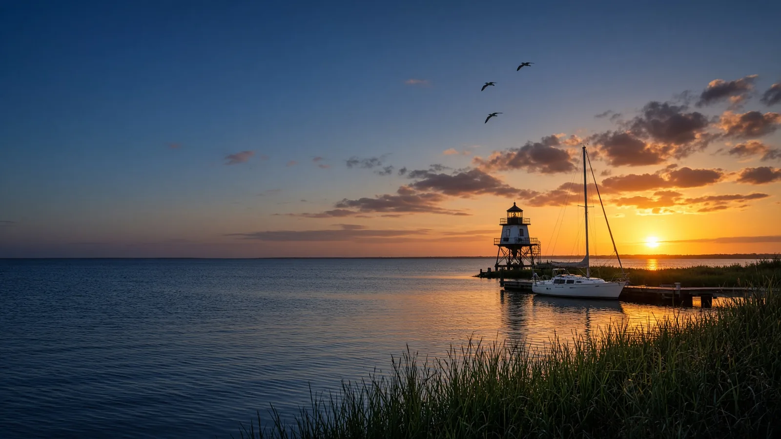 Sunset over the Chesapeake Bay — a sailboat at a marina dock, a screwpile lighthouse on the point, marsh grass in the foreground